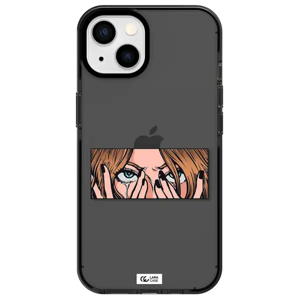 a cartoon of a woman holding her eyes Apple iPhone 13 impact Smoke Black Case