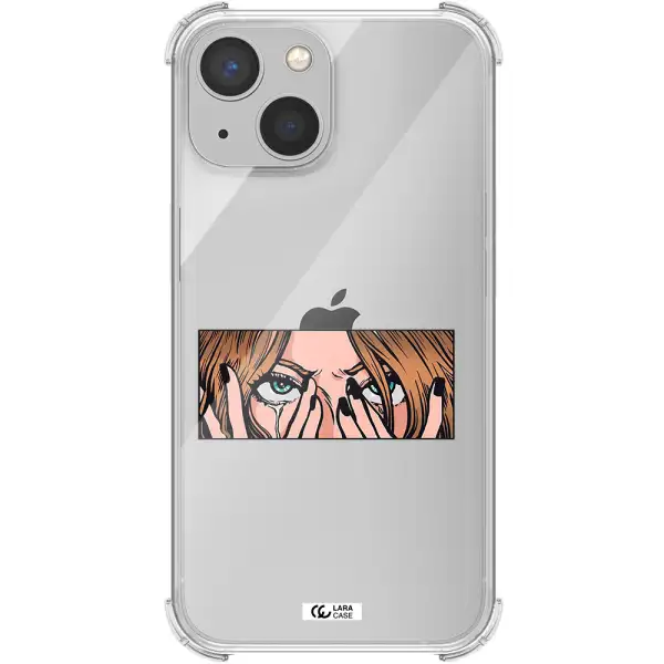 a cartoon of a woman holding her eyes Apple iPhone 13 mini Clear PC Case