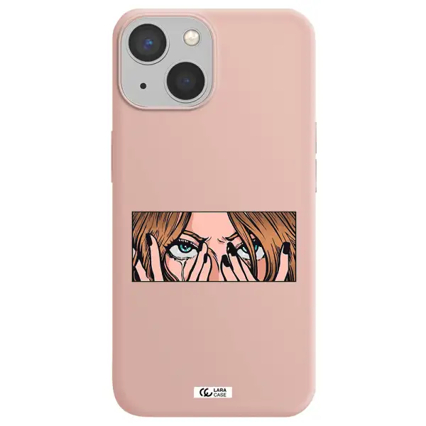 a cartoon of a woman holding her eyes Apple iPhone 13 mini Silicone pastel pink Case