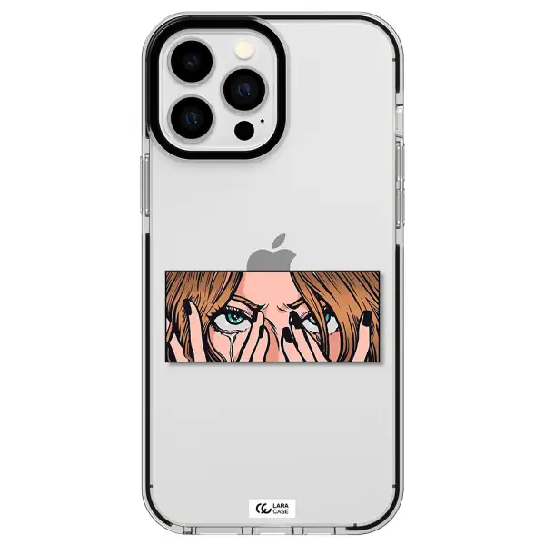 a cartoon of a woman holding her eyes Apple iPhone 13 Pro Max impact black border Case