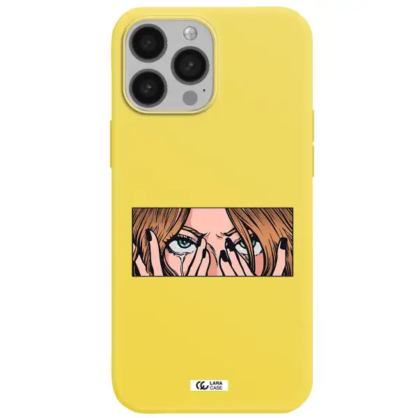 a cartoon of a woman holding her eyes Apple iPhone 13 Pro Max Silicone canary yellow Case