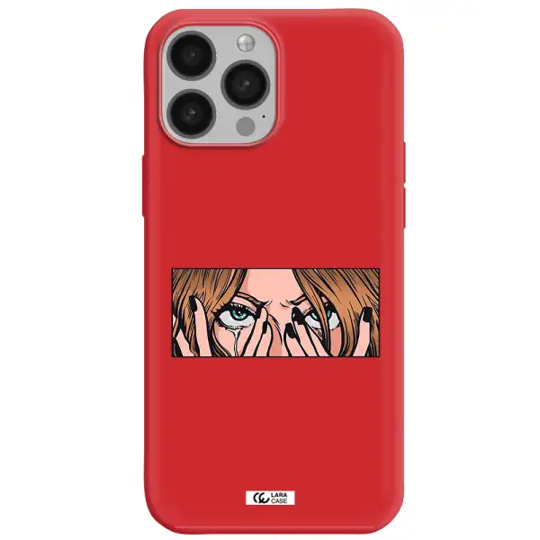 a cartoon of a woman holding her eyes Apple iPhone 13 Pro Silicone Imperial Red Case