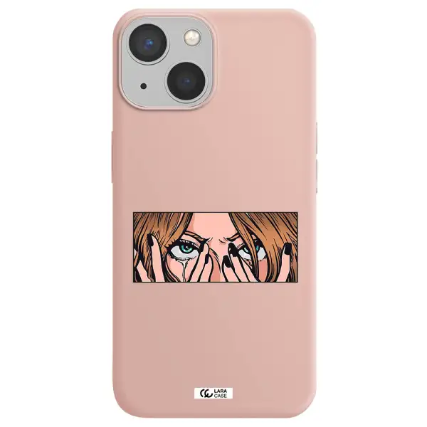 a cartoon of a woman holding her eyes Apple iPhone 13 Silicone pastel pink Case