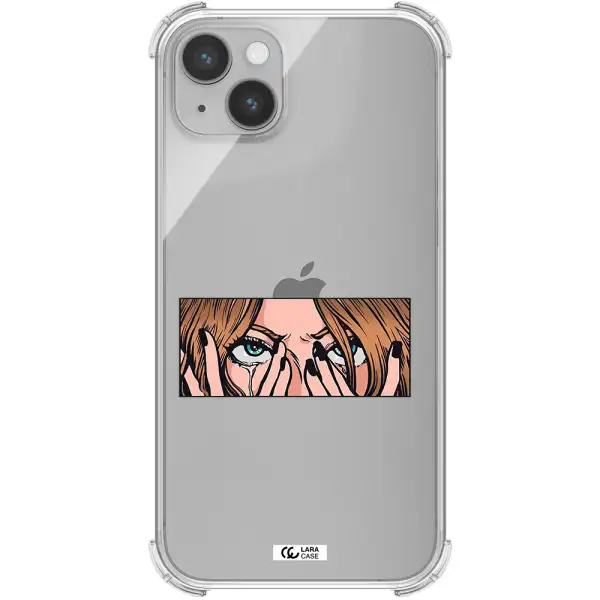 a cartoon of a woman holding her eyes Apple iPhone 14 Clear PC Case