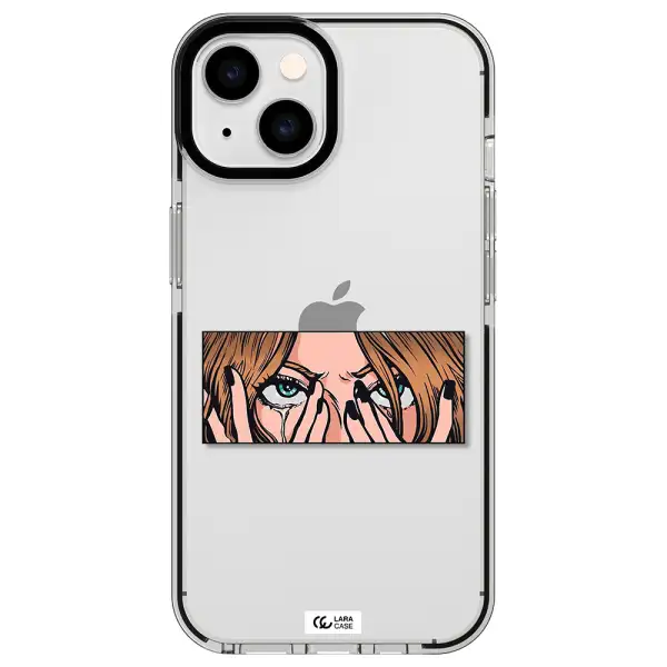 a cartoon of a woman holding her eyes Apple iPhone 14 impact black border Case