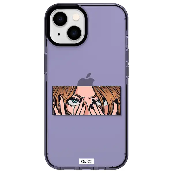 a cartoon of a woman holding her eyes Apple iPhone 14 impact Lilac Case