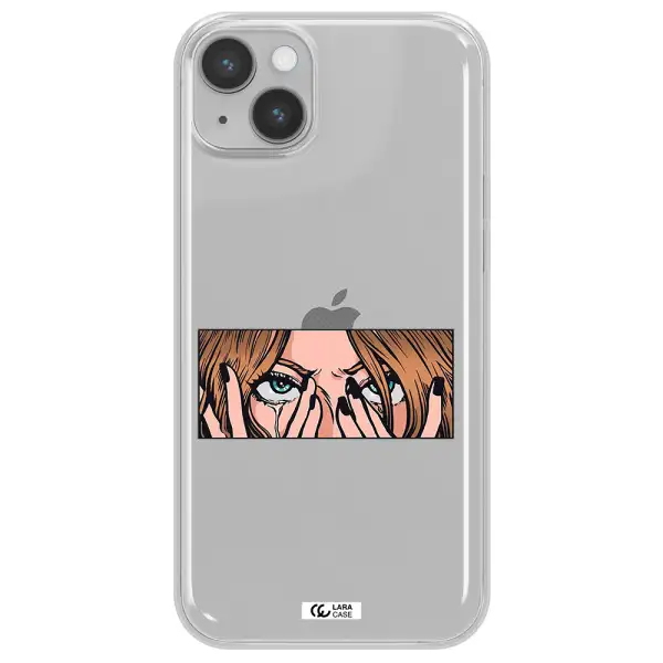 a cartoon of a woman holding her eyes Apple iPhone 14 plus Clear TPU Case