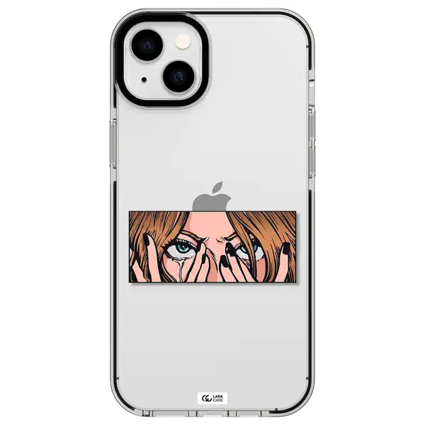 a cartoon of a woman holding her eyes Apple iPhone 14 plus impact black border Case
