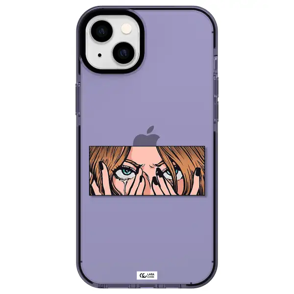 a cartoon of a woman holding her eyes Apple iPhone 14 plus impact Lilac Case