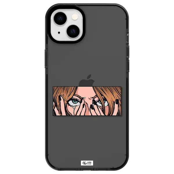 a cartoon of a woman holding her eyes Apple iPhone 14 plus impact Smoke Black Case