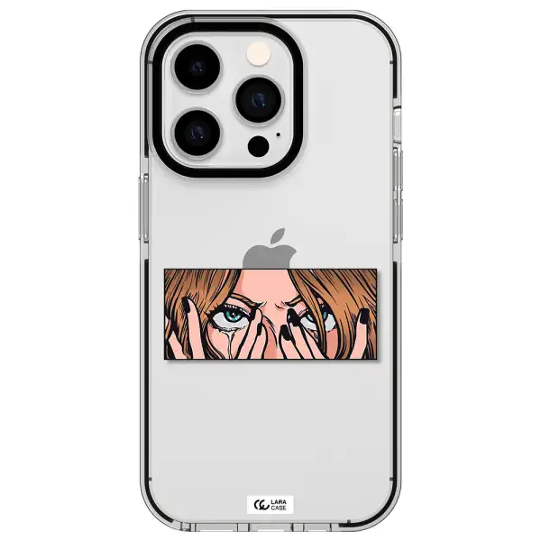 a cartoon of a woman holding her eyes Apple iPhone 14 pro impact black border Case