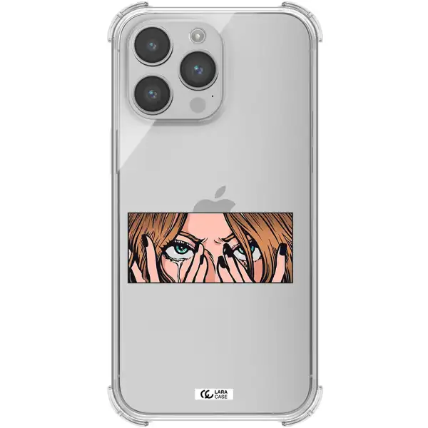 a cartoon of a woman holding her eyes Apple iPhone 14 pro max Clear PC Case