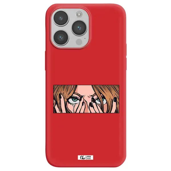 a cartoon of a woman holding her eyes Apple iPhone 14 pro Silicone Imperial Red Case