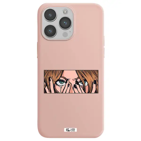 a cartoon of a woman holding her eyes Apple iPhone 14 pro Silicone pastel pink Case