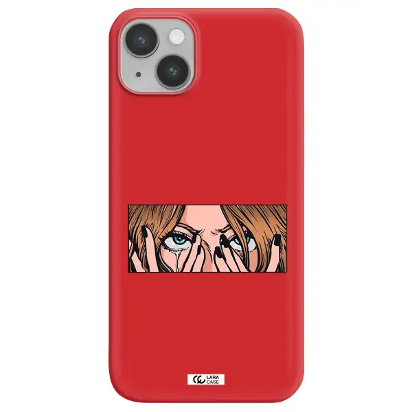 a cartoon of a woman holding her eyes Apple iPhone 14 Silicone Imperial Red Case