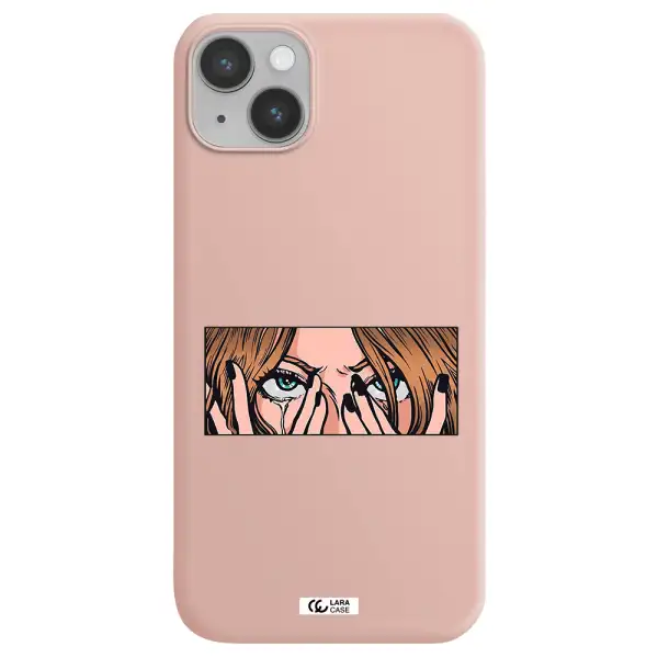 a cartoon of a woman holding her eyes Apple iPhone 14 Silicone pastel pink Case
