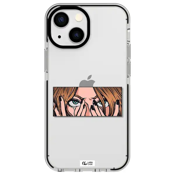 a cartoon of a woman holding her eyes Apple iPhone 15 impact black border Case