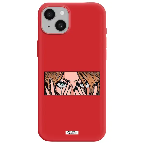 a cartoon of a woman holding her eyes Apple iphone 15 plus Silicone Imperial Red Case