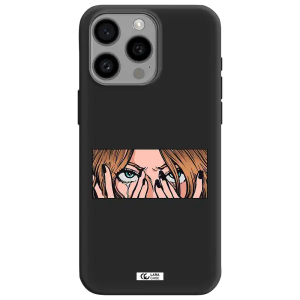 a cartoon of a woman holding her eyes Apple Iphone 15 Pro max Silicone black Case
