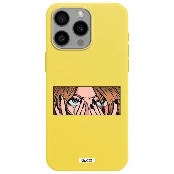 a cartoon of a woman holding her eyes Apple Iphone 15 Pro max Silicone canary yellow Case