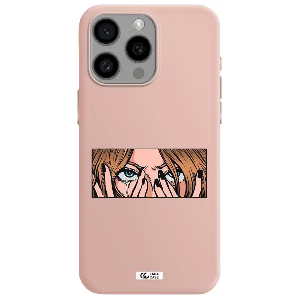 a cartoon of a woman holding her eyes Apple Iphone 15 Pro max Silicone pastel pink Case