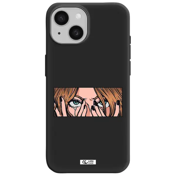a cartoon of a woman holding her eyes Apple iPhone 15 Silicone black Case