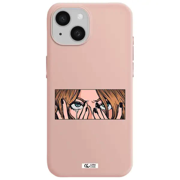 A Cartoon Of A Woman Holding Her Eyes Apple Iphone 15 Silicone Pastel Pink Case