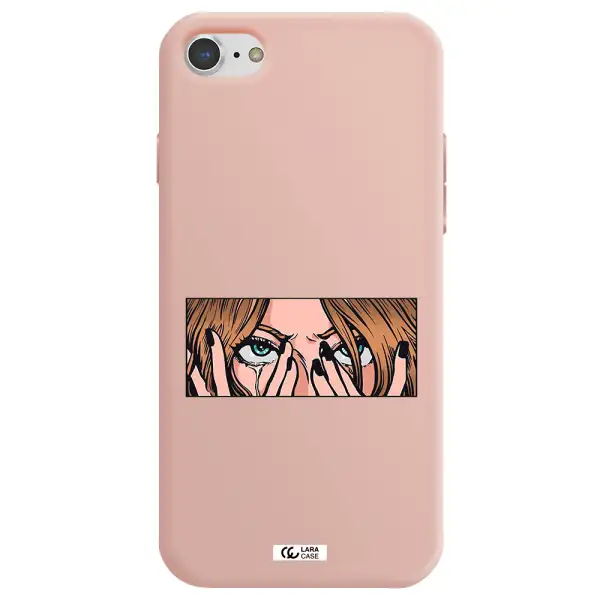 a cartoon of a woman holding her eyes Apple iPhone 8 Silicone pastel pink Case