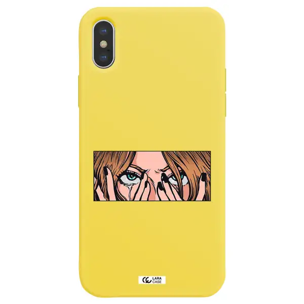 a cartoon of a woman holding her eyes Apple iPhone X Silicone canary yellow Case