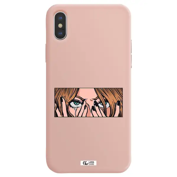 a cartoon of a woman holding her eyes Apple iPhone X Silicone pastel pink Case