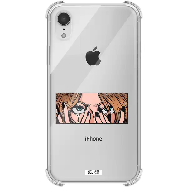 a cartoon of a woman holding her eyes Apple iPhone XR Clear PC Case