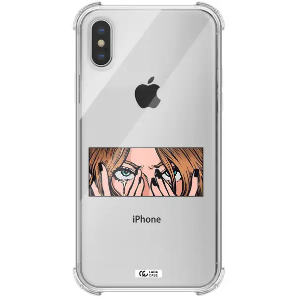 a cartoon of a woman holding her eyes Apple iPhone XS Clear PC Case