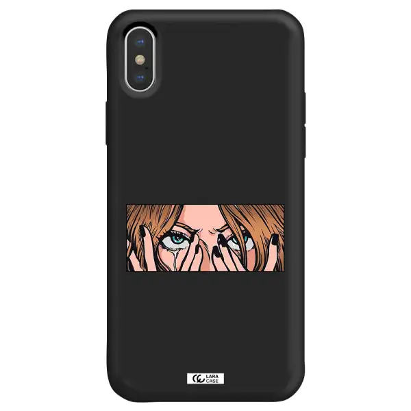 a cartoon of a woman holding her eyes Apple iPhone XS Silicone black Case