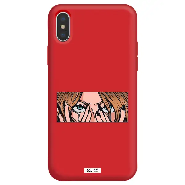 a cartoon of a woman holding her eyes Apple iPhone XS Silicone Imperial Red Case