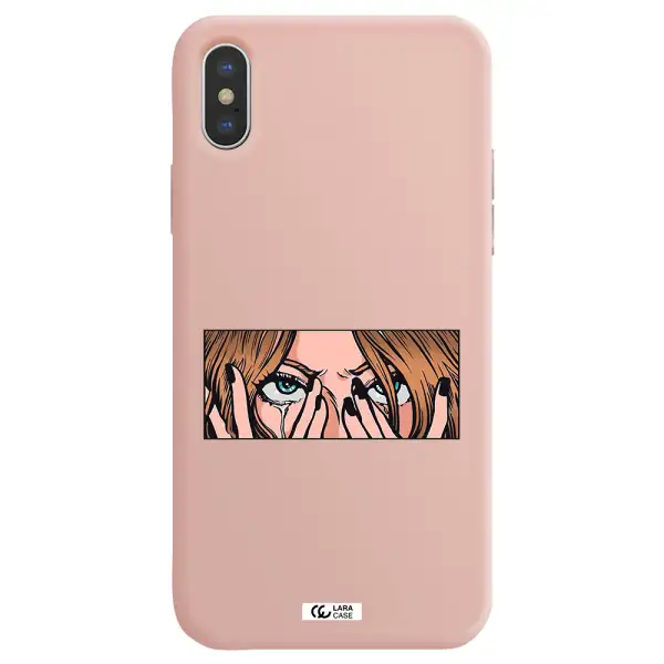 a cartoon of a woman holding her eyes Apple iPhone XS Silicone pastel pink Case