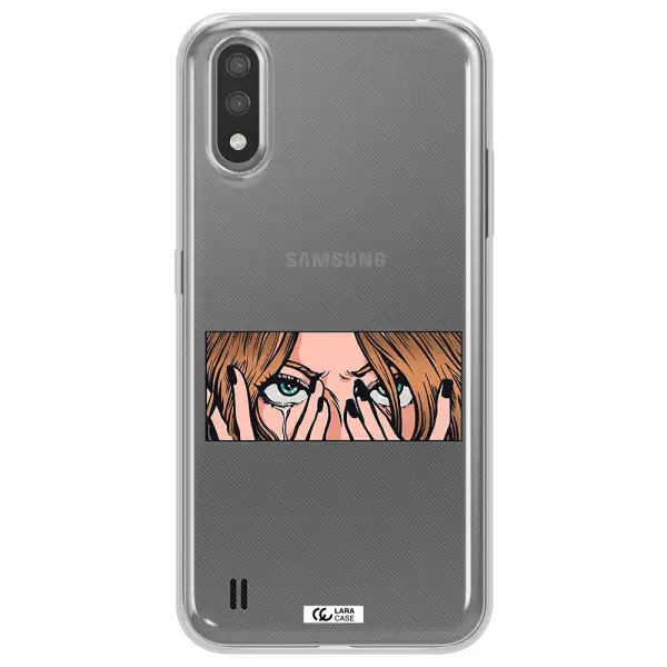 a cartoon of a woman holding her eyes Samsung A01 Clear TPU Case