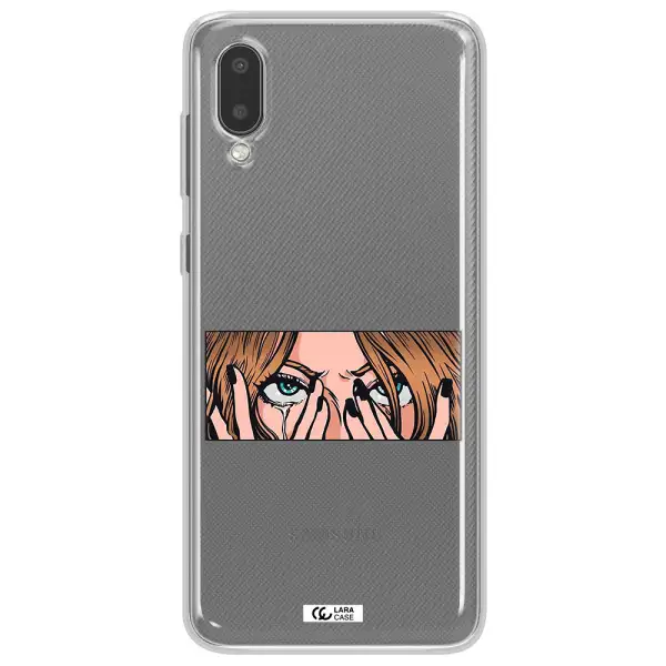 a cartoon of a woman holding her eyes Samsung A02 Clear TPU Case
