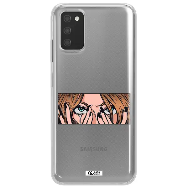 a cartoon of a woman holding her eyes Samsung A03S Clear TPU Case