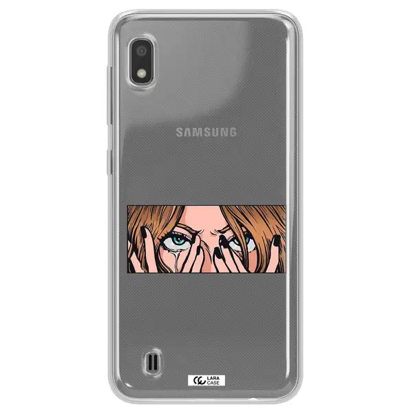 a cartoon of a woman holding her eyes Samsung A10 Clear TPU Case