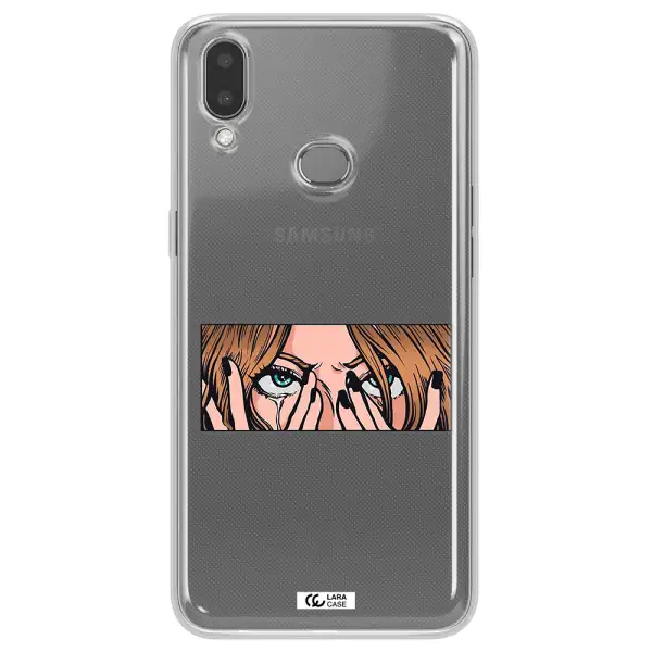 a cartoon of a woman holding her eyes Samsung A10S Clear TPU Case