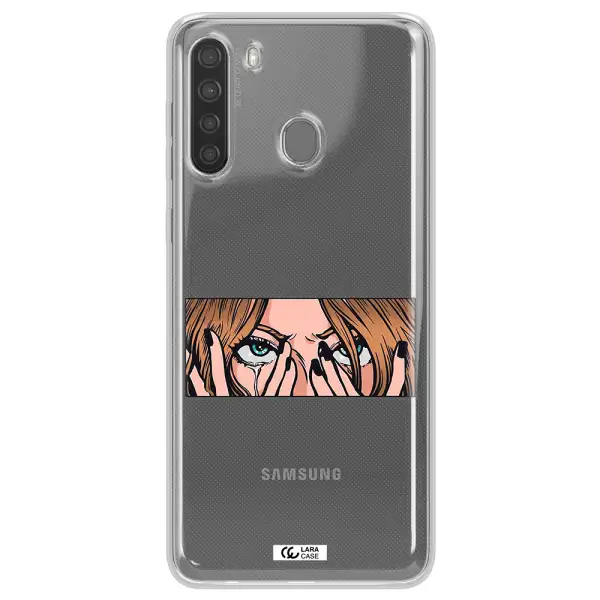 a cartoon of a woman holding her eyes Samsung A21 Clear TPU Case