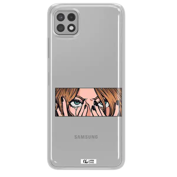 a cartoon of a woman holding her eyes Samsung A22 5g Clear TPU Case