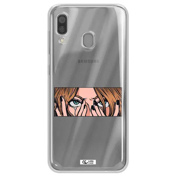 a cartoon of a woman holding her eyes Samsung A30 Clear TPU Case