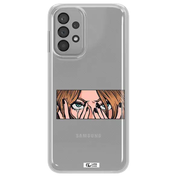 a cartoon of a woman holding her eyes Samsung A33 Clear TPU Case