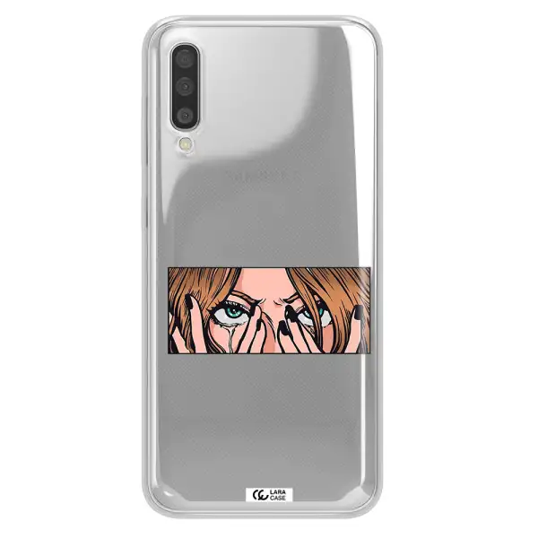 a cartoon of a woman holding her eyes Samsung A50 Clear TPU Case