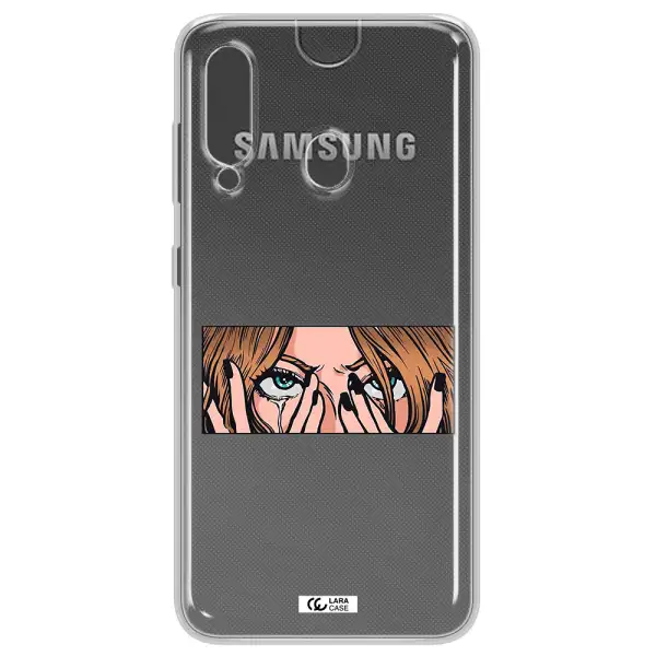 a cartoon of a woman holding her eyes Samsung A60 Clear TPU Case