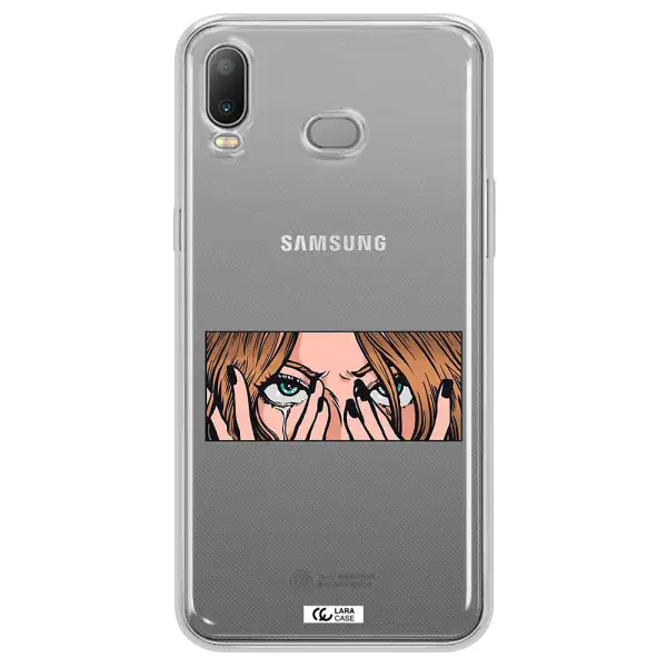 a cartoon of a woman holding her eyes Samsung A6S Clear TPU Case