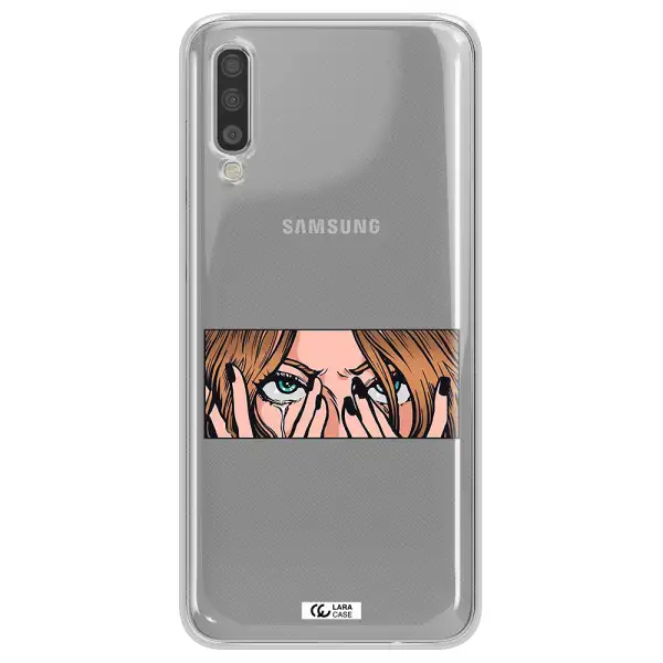 a cartoon of a woman holding her eyes Samsung A70 Clear TPU Case