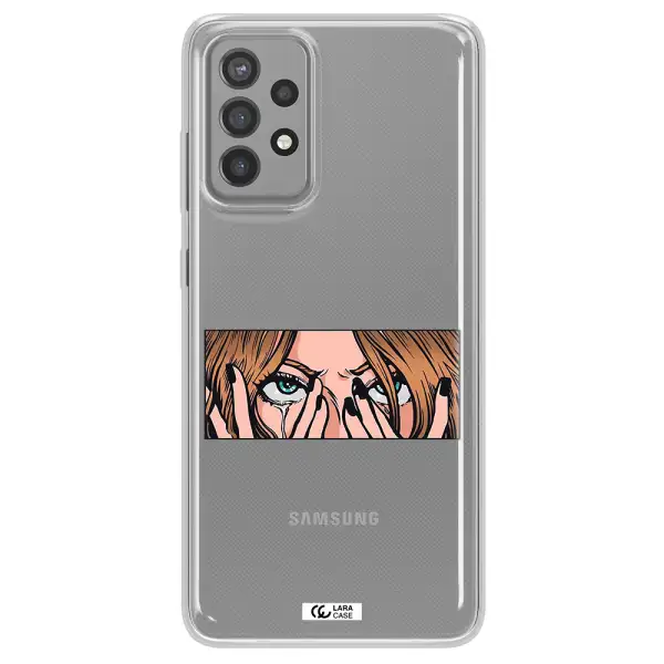 a cartoon of a woman holding her eyes Samsung A72 Clear TPU Case