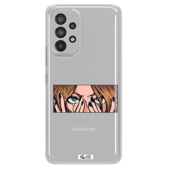 a cartoon of a woman holding her eyes Samsung A73 Clear TPU Case